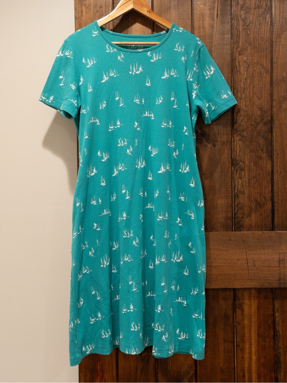 UltraSofts Teal Sailboat Ocean Print T Shirt Dress Cotton Blend Large Has Pocket